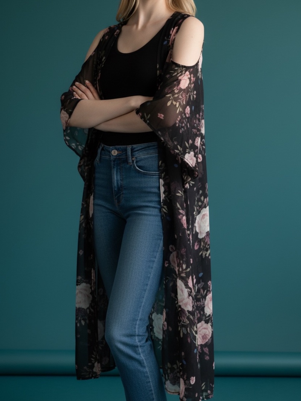 • Black Floral Cold-Shoulder Longline kimono duster Cardigan •